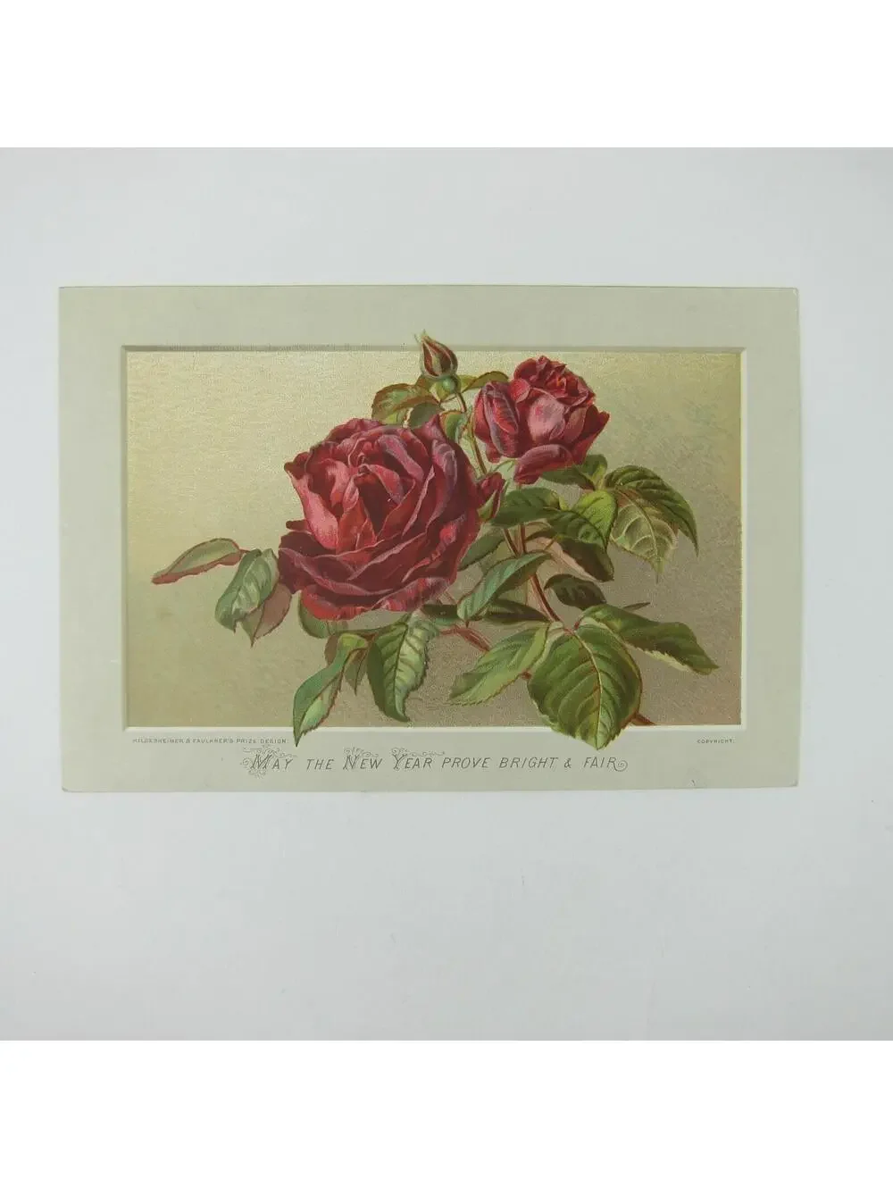 Victorian Greeting Card New Years Red Rose Flowers Hildesheimer Faulkner Antique